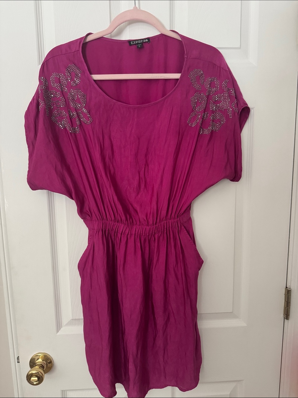 Express Fuchsia Short Sleeve dress with Studded Shoulder Accents